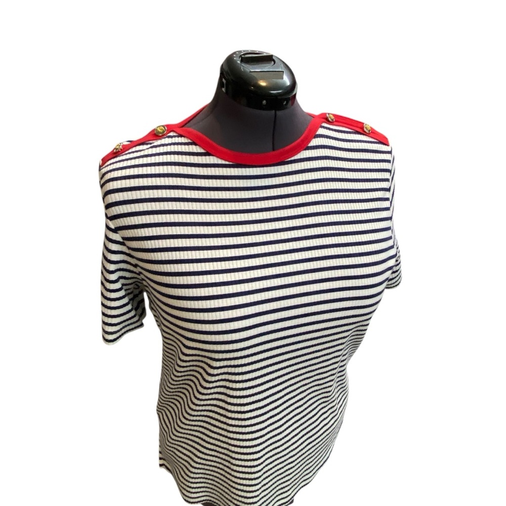Links Women's size XL Navy White Striped knit rib Tee Coastal sailing Red Trim - Picture 3 of 8
